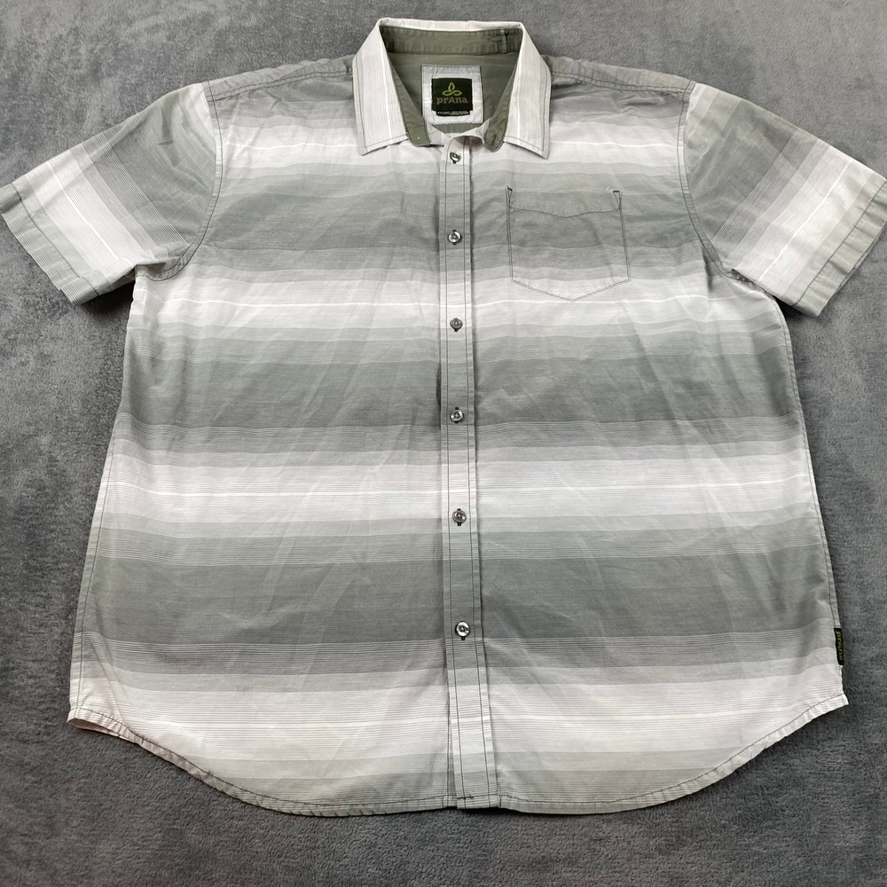 Prana Mens XXL Short Sleeve Button Down Shirt Gray Striped Organic Cotton